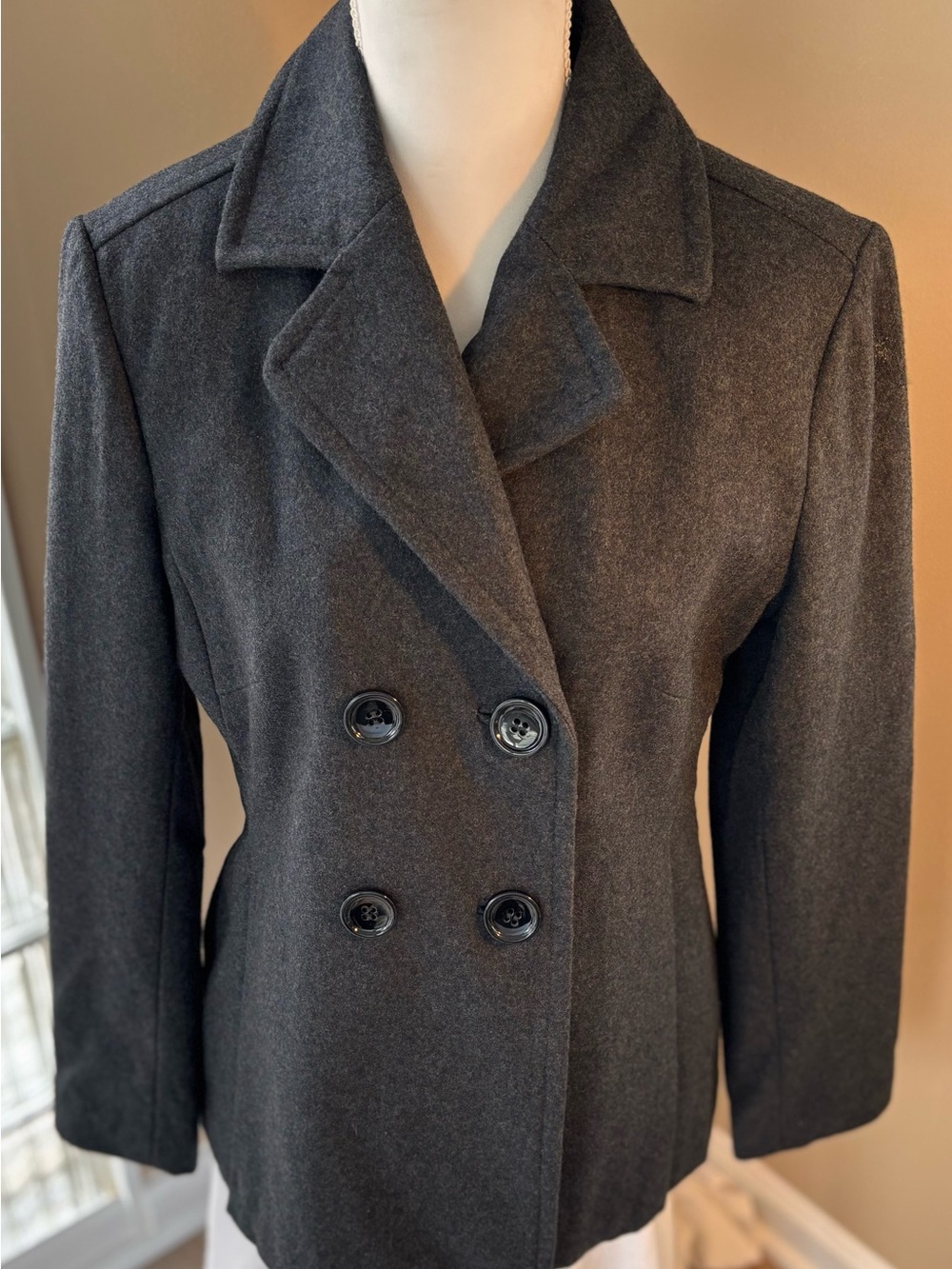 Tommy Hilfiger Charcoal Double-Breasted Peacoat Pleated BackTack Stitched M